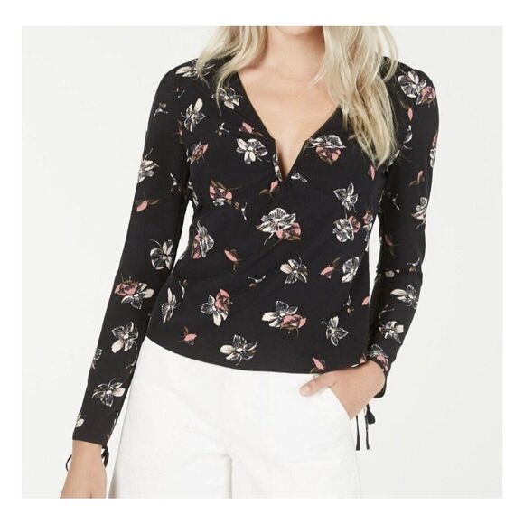 Leyden V-Neck Floral Blouse Women’s Medium Long Sleeve‎ Ties Black - Picture 1 of 6